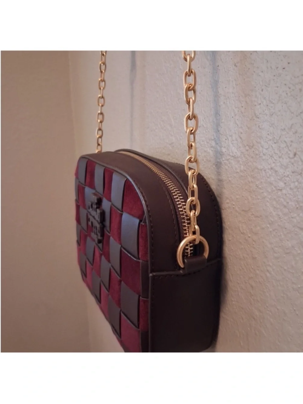 Tory Burch Burgundy and Brown Woven Leather Crossbody with Tassel